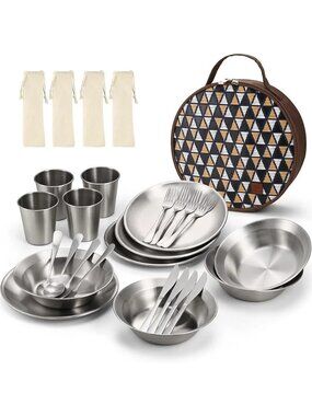 4 Person Stainless Steel Camping Dinnerware Set, Polished Cutlery Tableware